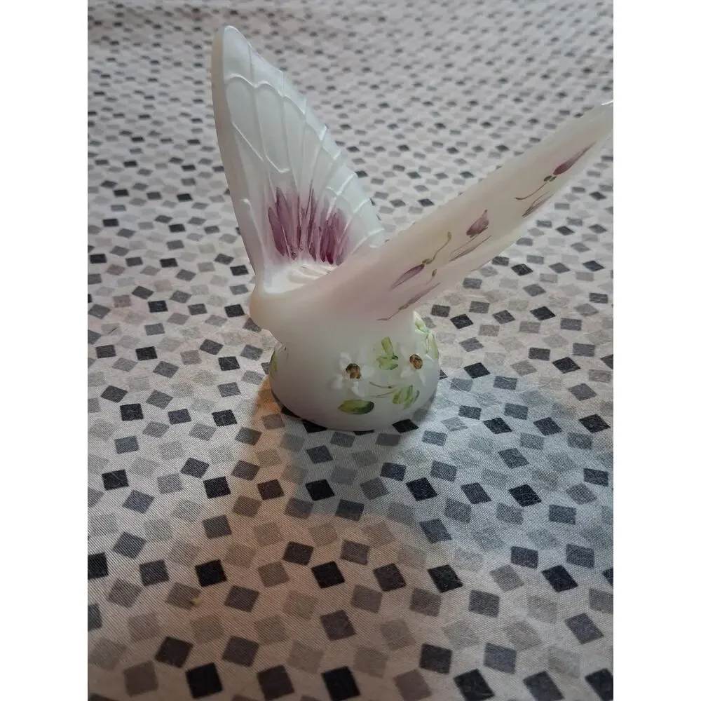 Fenton White Satin Hand Painted Butterfly Signed Figurine Statue Sculpture 3